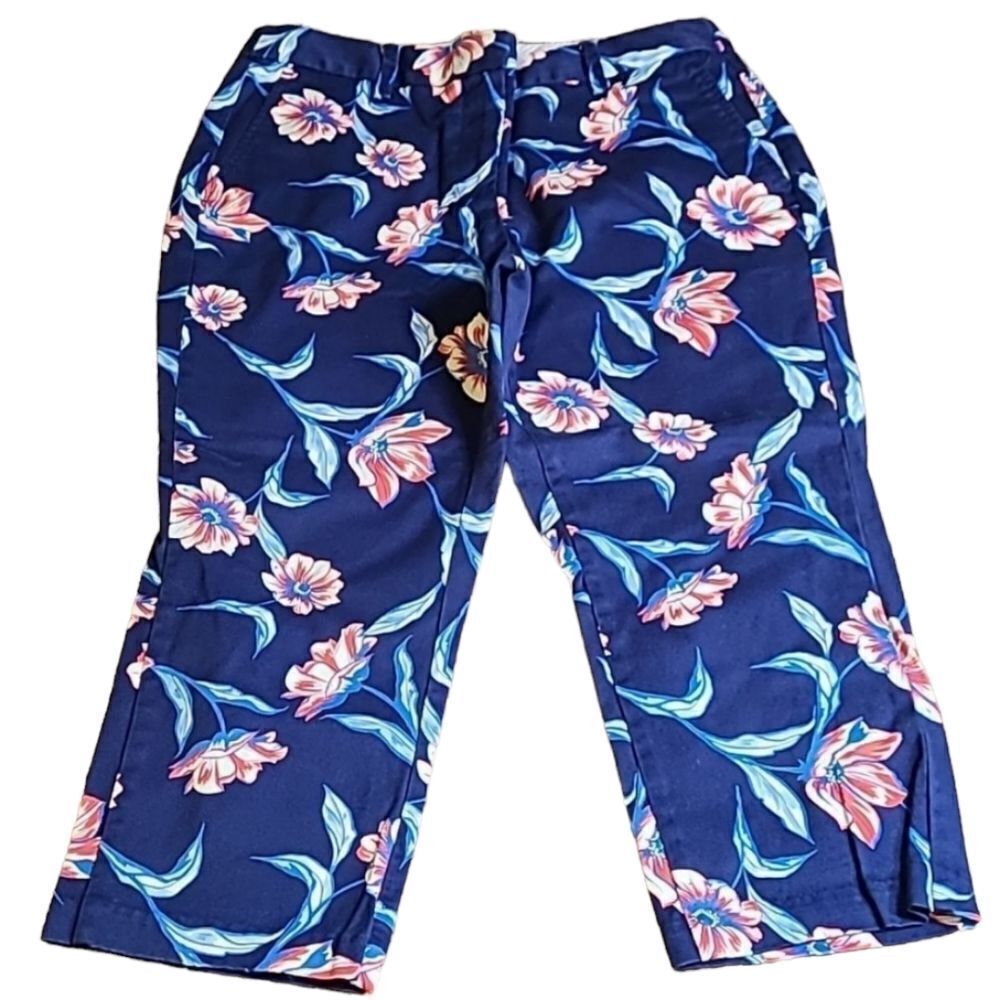 💎 Lands End Womens Capri Mid Rise Straight Leg Red Blue Floral, Size 10P